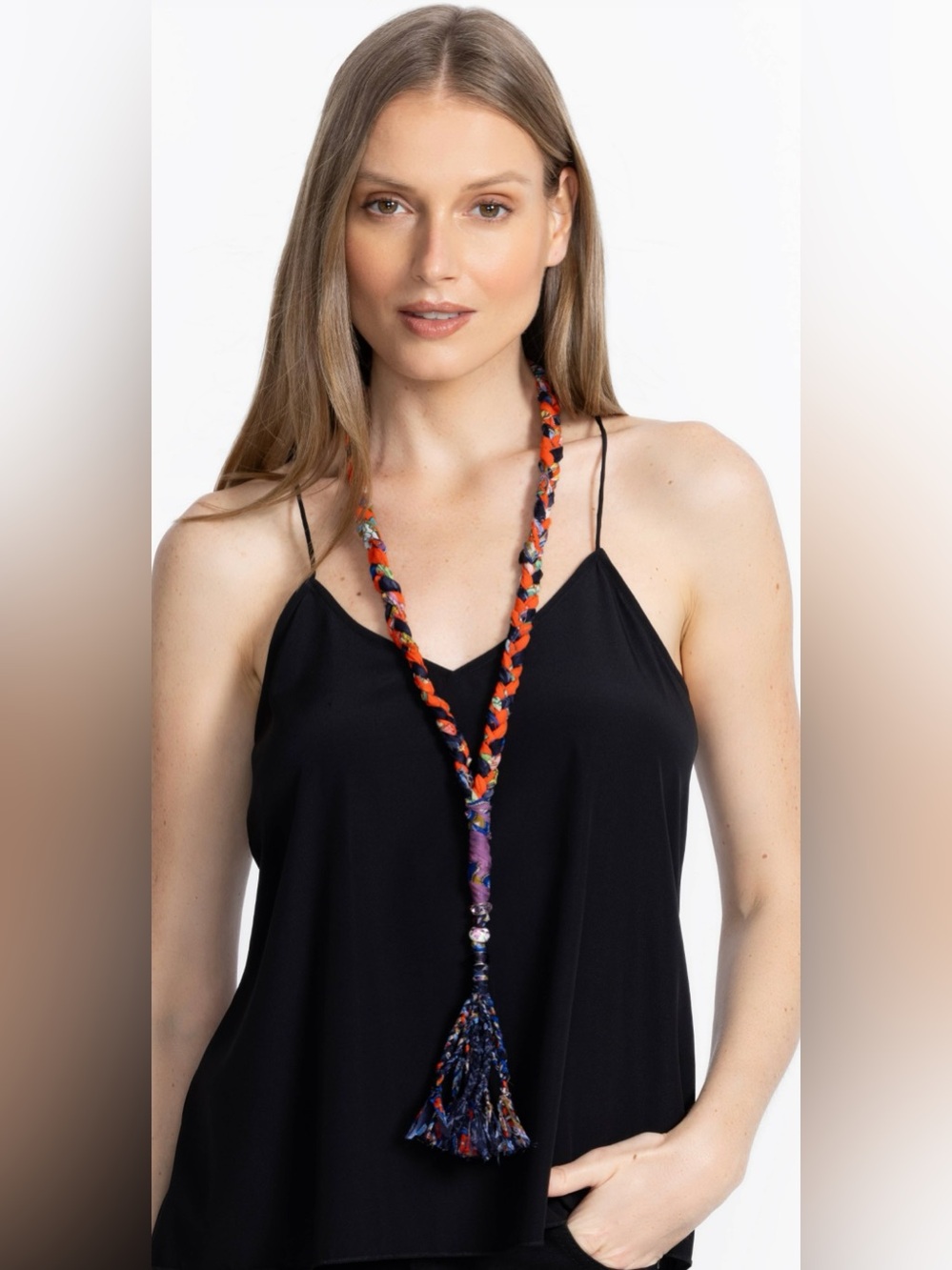 NWT Johnny Was Multicolor Braided Silk Necklace with Crystal Tassel JOHNNYWAS